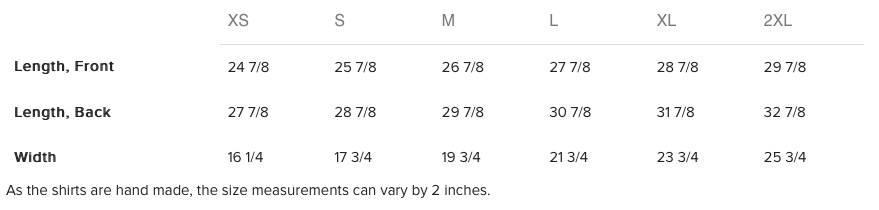 Raglan Shirt Size Chart