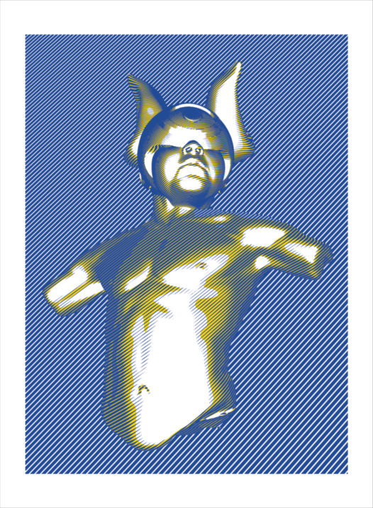 Cyclops In Blue, Gray and Yellow By Elliott Earls 22 x 30 in. 3 Spot Color Hand Pulled Screenprint on American Masters 250gsm. 100% Cotton Paper. Deckle Edge. Signed and Numbered, Edition of 12. Released October 3, 2016.