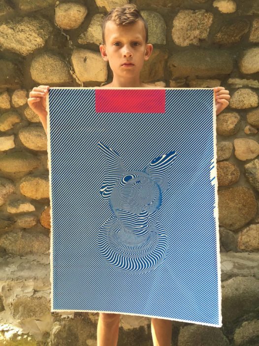 Oblique Cyclops in Blue (#004) Print and unique elements by Elliott Earls 22 x 30″ Edition of 10 – with unique hand rendered by the artist. Printed on Rives BFK 250gsm. Heavy Weight 100% Cotton Paper with a Deckle Edge Signed & numbered by the Artist Released August 10, 2016.