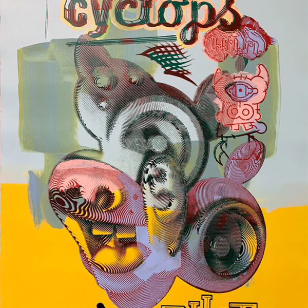 "(E)laughing(L) Cyclops #3"
By Elliott Earls
Number 3 in an Edition of 5
Acrylic, Silkscreen Ink and Spraypaint
29 x 40″
Hand Painted – 2 sides. (each print in the edition is unique)
Archival Heavyweight 270gsm 100% Cotton Rives BFK Paper with a Deckle Edge
Signed, Numbered and Blind Embossed with the Cranbrook Print Shop Chop
Released May 21, 2019