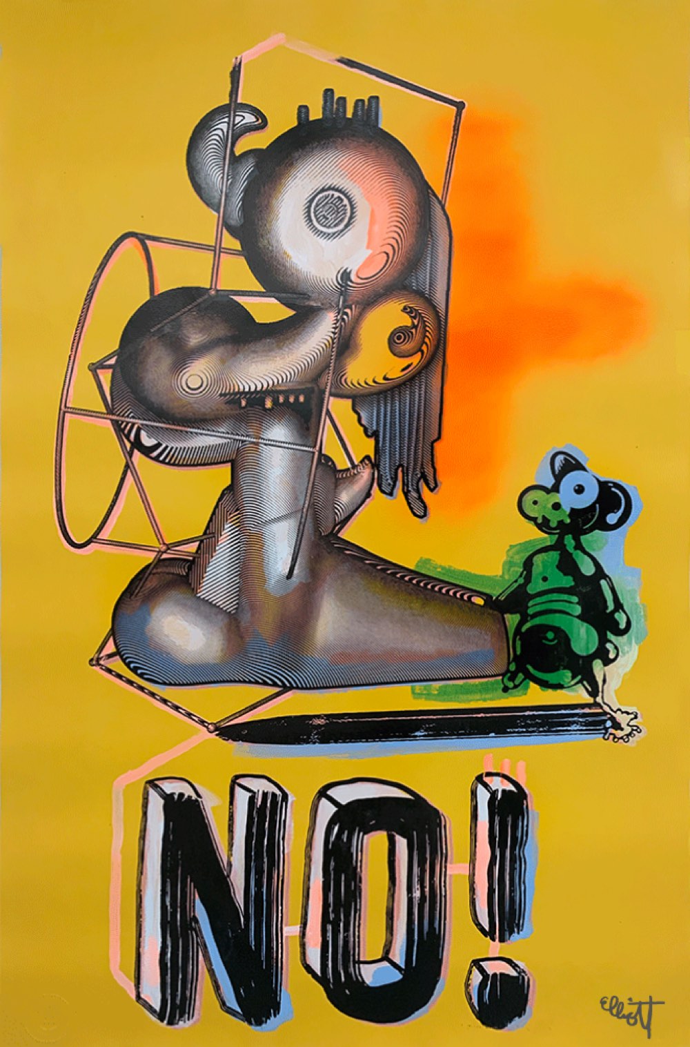 "No! #6"By Elliott EarlsNumber 1 in an Edition of 5Acrylic, Silkscreen Ink and Spraypaint29 x 40″Hand Painted. (each print in the edition is unique)Archival Heavyweight 250gsm Coventry Rag 100% Cotton Paper with a Straight EdgeSigned, Numbered and Blind Embossed with the Cranbrook SealReleased July 3, 2019