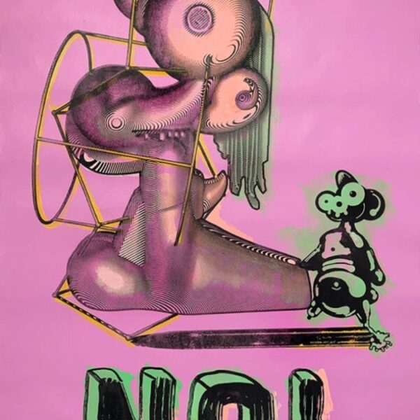 "No! #3"By Elliott EarlsNumber 1 in an Edition of 5Acrylic, Silkscreen Ink and Spraypaint29 x 40″Hand Painted. (each print in the edition is unique)Archival Heavyweight 250gsm Coventry Rag 100% Cotton Paper with a Straight EdgeSigned, Numbered and Blind Embossed with the Cranbrook SealReleased July 3, 2019