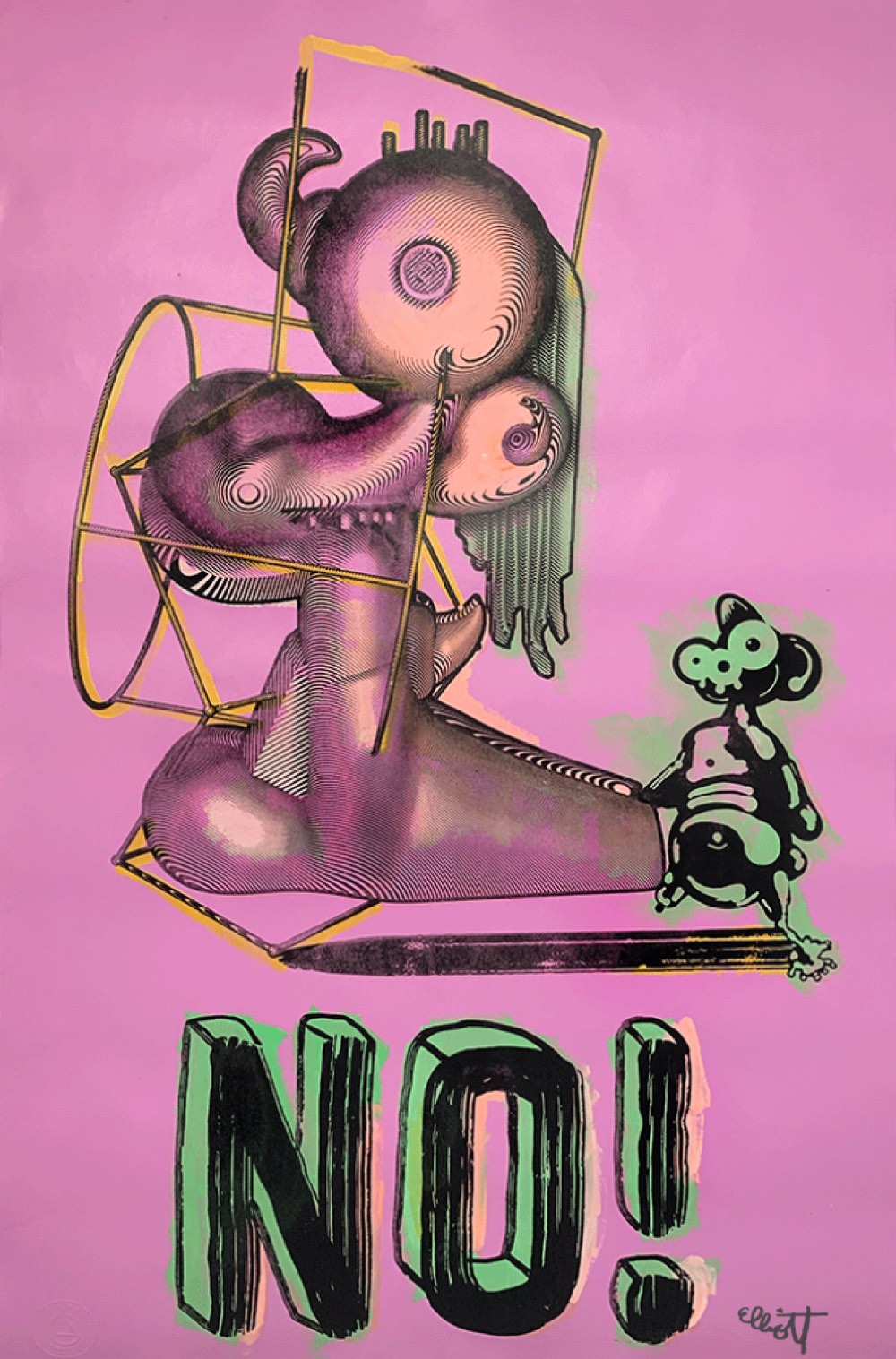 "No! #3"By Elliott EarlsNumber 1 in an Edition of 5Acrylic, Silkscreen Ink and Spraypaint29 x 40″Hand Painted. (each print in the edition is unique)Archival Heavyweight 250gsm Coventry Rag 100% Cotton Paper with a Straight EdgeSigned, Numbered and Blind Embossed with the Cranbrook SealReleased July 3, 2019