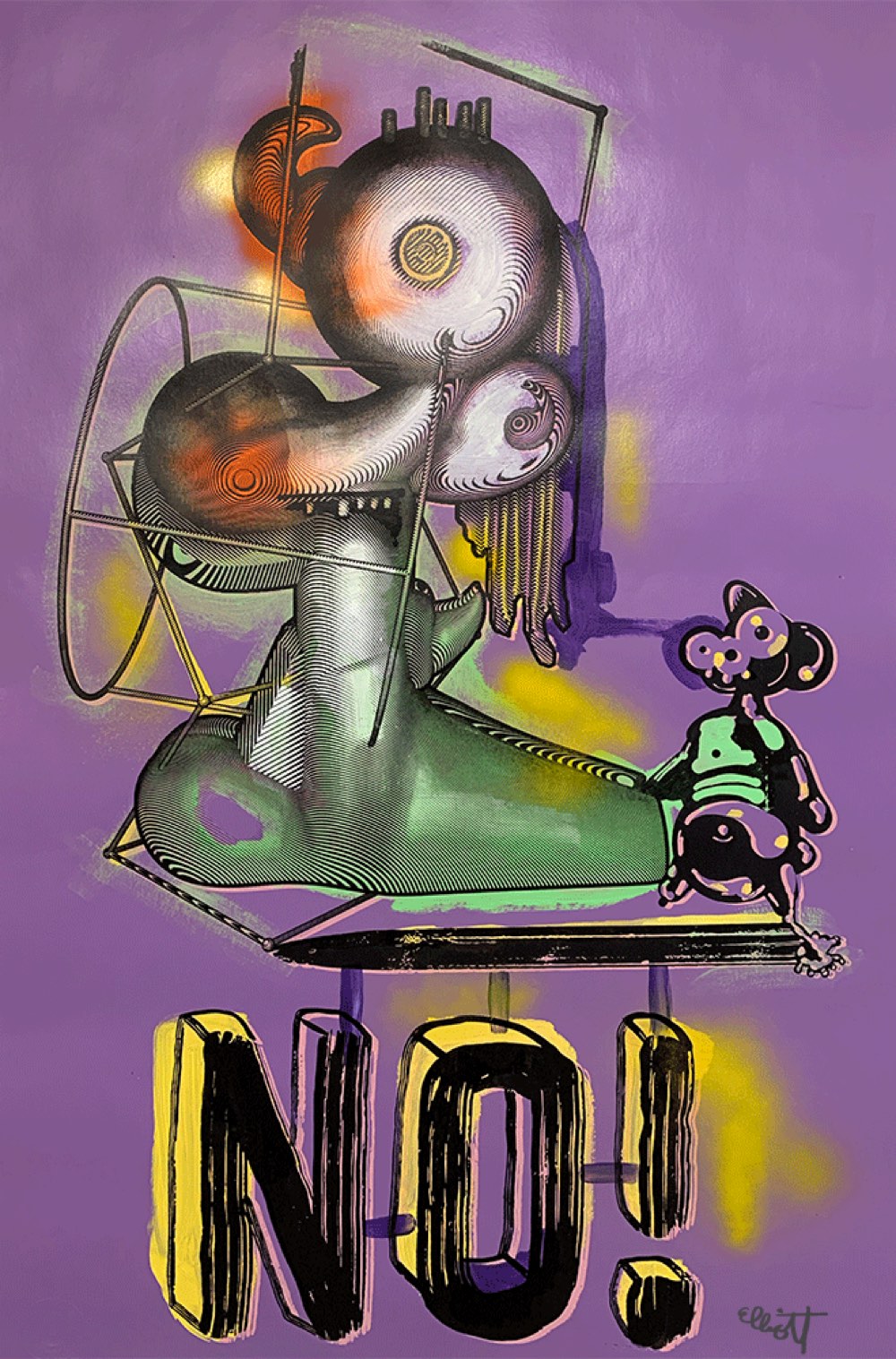 "No! #1"
By Elliott Earls
Number 1 in an Edition of 5
Acrylic, Silkscreen Ink and Spraypaint
29 x 40″
Hand Painted. (each print in the edition is unique)
Archival Heavyweight 250gsm Coventry Rag 100% Cotton Paper with a Straight Edge
Signed, Numbered and Blind Embossed with the Cranbrook Seal
Released July 3, 2019