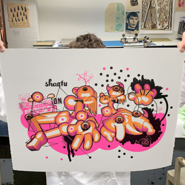 "SFU"
By Elliott Earls
19 x 26″
Edition of 20 Prints
3 Spot Color - Hand-Pulled Screen Print
Printed on Rives BFK Heavy Weight 100% Cotton Paper. With Deckle Edge.
Signed, Numbered and Blind Embossed by the Artist.
Released October 27, 2019.