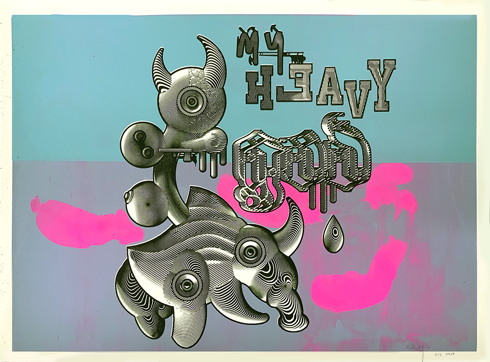 "My Heavy God Mono Print #1"
By Elliott Earls
30 x 22″
Edition of 1 Print
3 Spot Color - Hand-Pulled Screen Print
Printed on Coventry Rag Heavy Weight 100% Cotton Paper. 
Signed, Numbered and Blind Embossed by the Artist.
Released October 5, 2019.