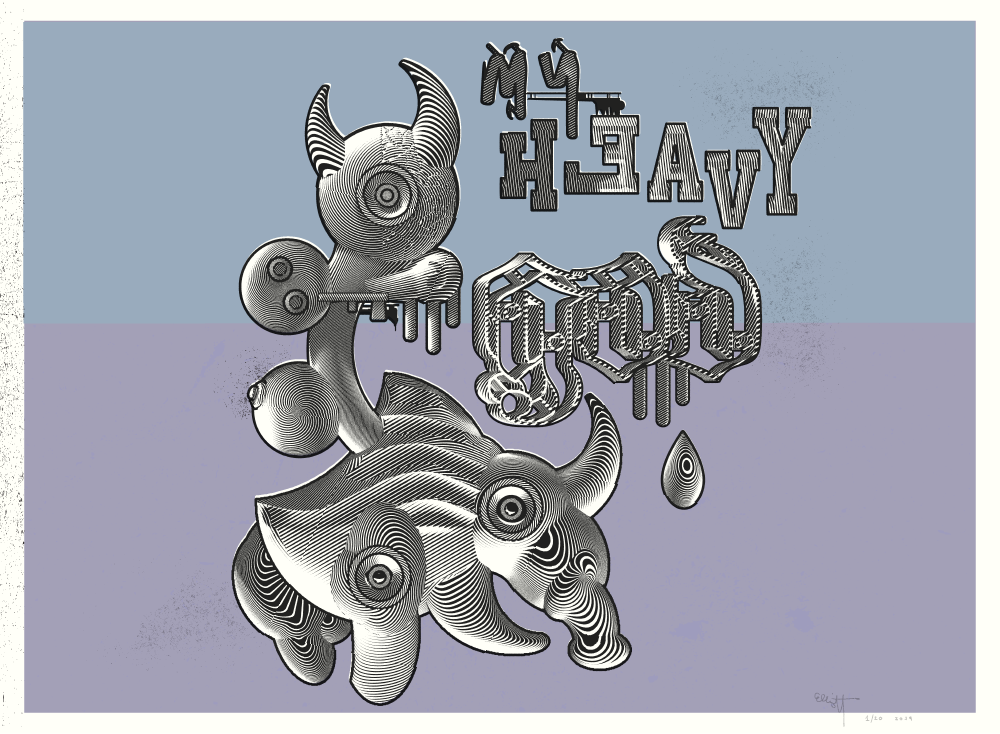 "My Heavy God"
By Elliott Earls
30 x 22″
Edition of 20 Prints
3 Spot Color - Hand-Pulled Screen Print
Printed on Coventry Rag Heavy Weight 100% Cotton Paper. 
Signed, Numbered and Blind Embossed by the Artist.
Released October 5, 2019.