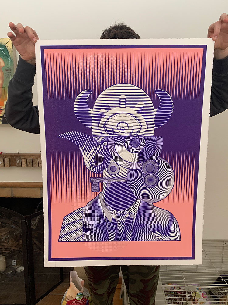 "Elemental Ego Reconstruction 3"
By Elliott Earls
22 x 30″
Edition of 20 Prints
3 Spot Color - Hand-Pulled Screen Print
Printed on Rives BFK Heavy Weight 100% Cotton Paper. 
Signed, Numbered by the Artist.
Released February 18, 2020.