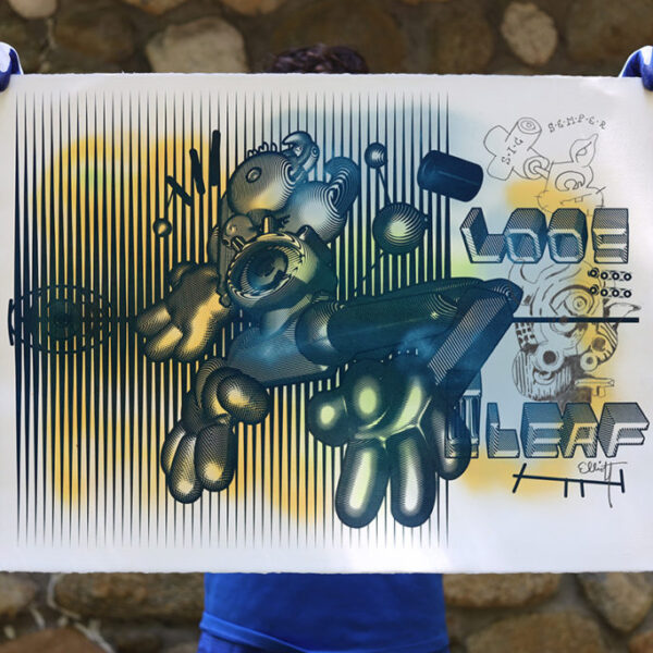 "Loose Leaf Chief 002" (translation #2)"
By Elliott Earls 
22 x 30″
Edition of 20 Prints 
1 color - Hand-Pulled Screen Print with graphite drawing and spray.
Printed on Rives BFK Heavy Weight 100% Cotton Paper. 
Signed, Numbered by the Artist.
Released July 15, 2020.