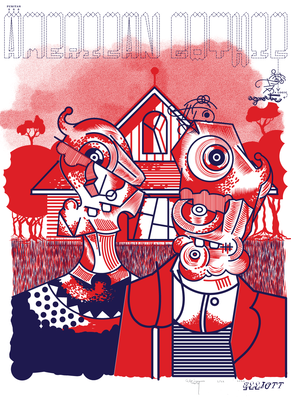"Puritan American Gothic Agnostic Logic"
By Elliott Earls
22 x 30″
Two Spot Colors – Edition of 12
Printed on Rives BFK 250gsm. Heavy Weight 100% Cotton Paper with a Deckle Edge
Signed & numbered by the Artist
Released October 12, 2020.