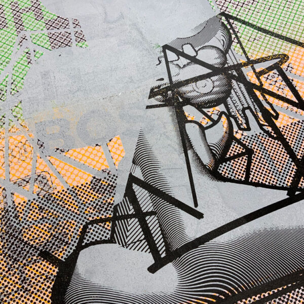 (Detail view) "Three Negations of Postmodernism” by Elliott Earls
22 x 30″
Edition of 20 Prints
6 Spot Color – Hand-Pulled Screen Print
Printed on Rives BFK Heavy Weight 100% Cotton Paper.
Signed, Numbered by the Artist.
Released May 27, 2021.