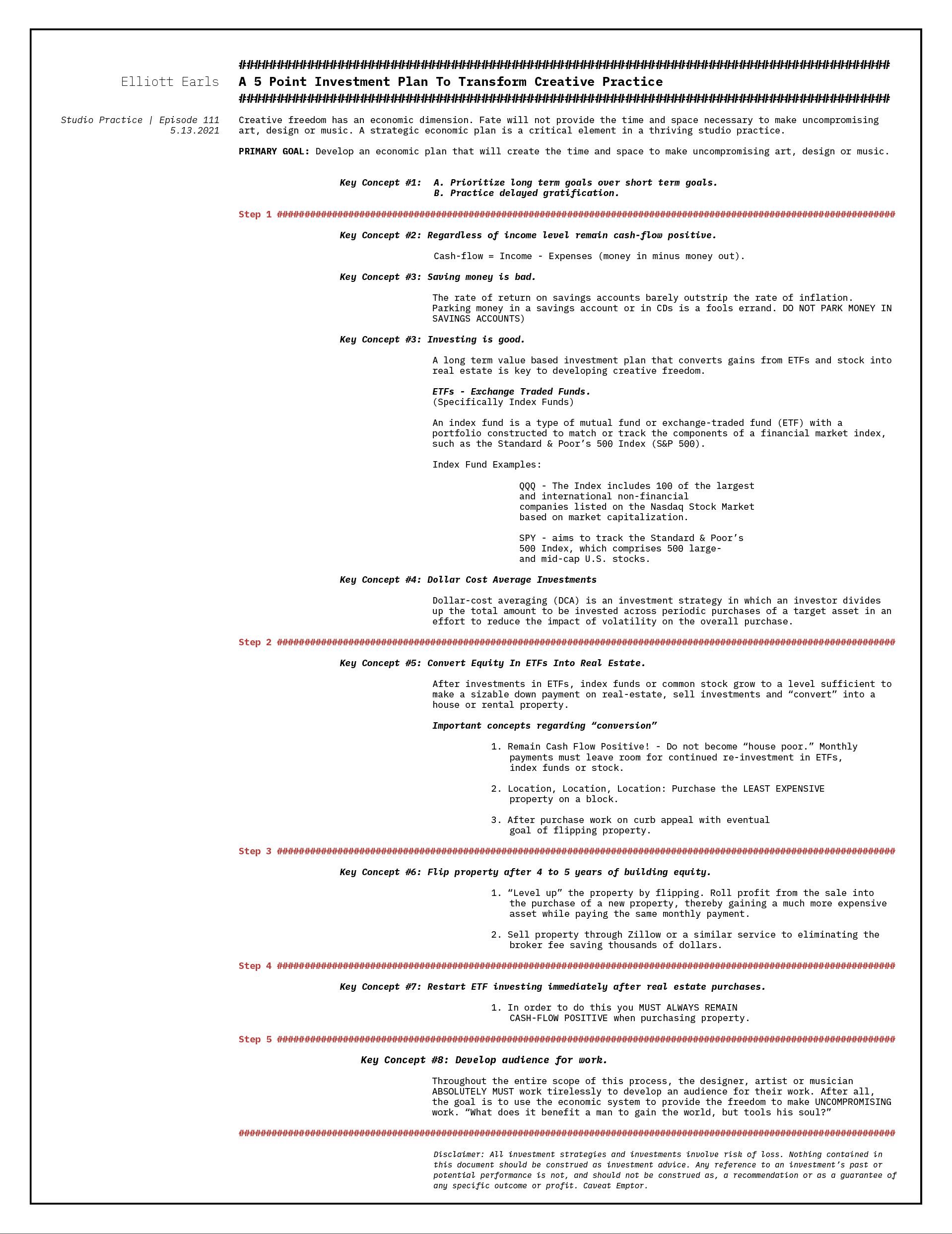 A 5 Point Investment Plan To Transform Creative Practice | Cheat Sheet by Elliott Earls