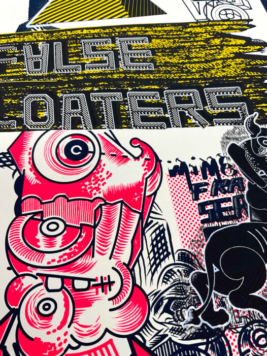 Detail view of “False Floaters” By Elliott Earls  12.25 x 16.25 ″ 5 Spot Colors  Timed Edition (available for 24 hours only) Available from March 1, 2022 at 12:00 PM to March 2, 2022 at 12:00 PM  Rives BFK 100% Cotton Paper with a Deckle Edge  Signed & numbered by the Artist  Released March 1, 2022 at 12:00 PM  Hand-Pulled Screenprint