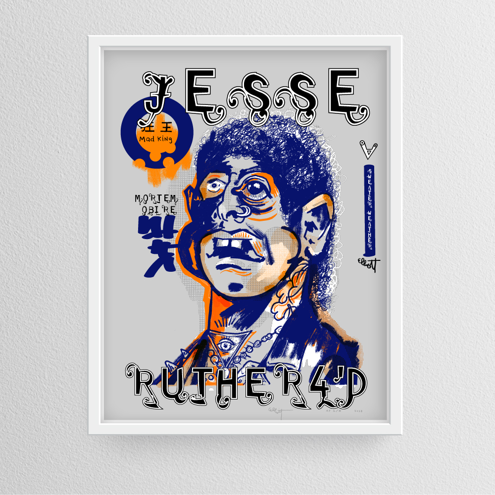 Framed “Portrait of Jesse Ruther4'd” by Elliott Earls 
* 19.5 x 25.5″
* 3 Spot Colors (1 Spot = Fluorescent “day-glow” color)
* Edition of 50
* Canson Mi-teintes Heavy Weight 100% Cotton Paper with a Deckle Edge
* Signed & numbered by the Artist
* Released April 24, 2023 at 12:00 PM
* Hand-Pulled Screenprint