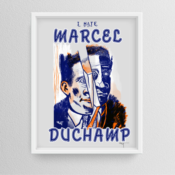 Framed “I Hate Marcel Duchamp" By Elliott Earls 19.5" x 25.5" 3 Spot Colors Timed Edition (available for 24 hours only) Available from May, Friday, 2023 at 12:00PM to May, Friday, 2023 at 12:00PM to March 2, 2022 at 12:00 PM Canson Mi-Teintes 100% Cotton Paper Signed & numbered by the Artist Released May, 19, 2023 at 12:00PM Hand-Pulled Screenprint
