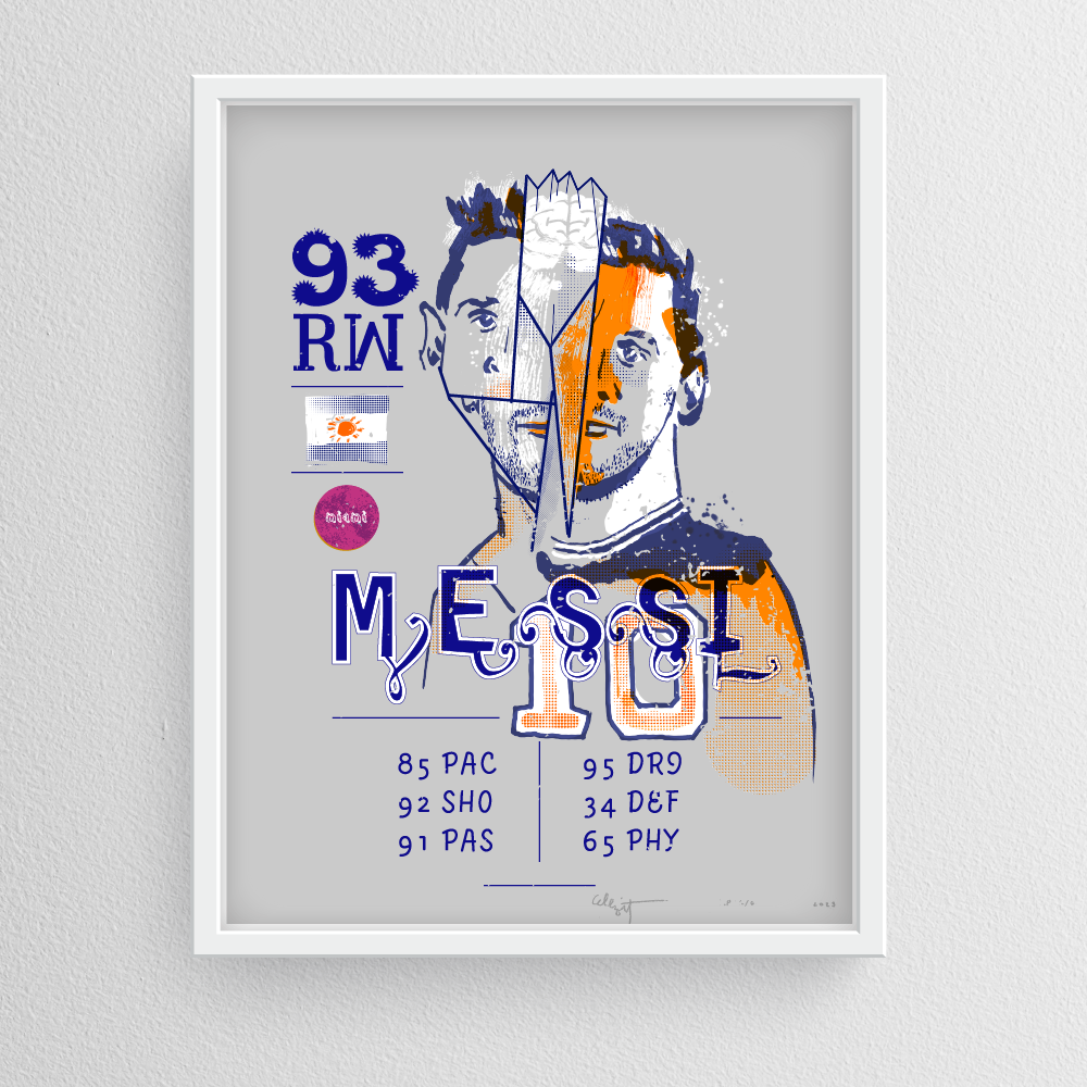 “Messi Player Card” By Elliott Earls 19.5" x 25.5" 3 Spot Colors Timed Edition (available for 24 hours only) Available from Tuesday August 29th, 2023 at 12:00PM to Wednesday August 30th, 2023 at 12:00PM to March 2, 2022 at 12:00 PM Canson Mi-Teintes 100% Cotton Paper Signed & numbered by the Artist Released August, 27, 2023 at 12:00PM Hand-Pulled Screenprint