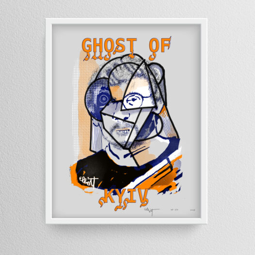 "Ghost of Kyiv" Timed Edition for December 31, 2023 2021 by Elliott Earls * 19.5 x 25.5" * 4 Spot Colors 4 * Timed Edition (available for 24 hours only) - available from Dec 30, 2023 at 12:00 PM to Dec 31 2023 at 12:00 PM * Canson Mi-teintes Heavy Weight 100% Cotton Paper with a Deckle Edge * Signed & numbered by the Artist * Released Dec 31, 2023 at 12:00 PM * Hand-Pulled Screenprint Canson Mi-teintes