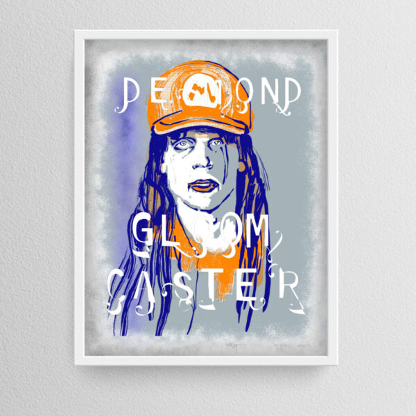 White Frame: "Desmond Gloomcaster" Timed Edition for February 25, 2024 2021 by Elliott Earls* 19.5 x 25.5" * 3 Spot Colors (1 Spot = Fluorescent "day-glow" color) * Timed Edition (available for 24 hours only) - available from Feb 25, 2024 at 7:08 AM to Feb 26, 2024 at 7:08 AM * Canson Mi-teintes Heavy Weight 100% Cotton Paper with a Deckle Edge * Signed & numbered by the Artist * Released Feb 25, 2024 at 7:08 AM * Hand-Pulled Screenprint * Each print contains unique hand painted elements